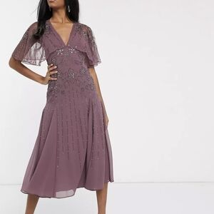 Purple ASOS floral bead embellished cape midi dress, size 6